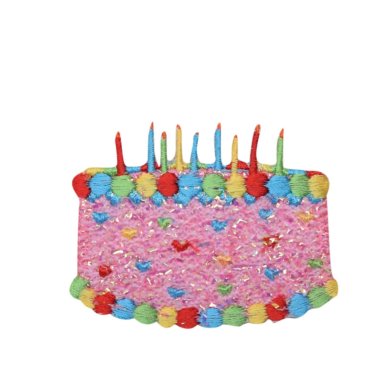 Pink Confetti Shimmery Birthday Cake with Candles, Embroidered, Iron on Patch